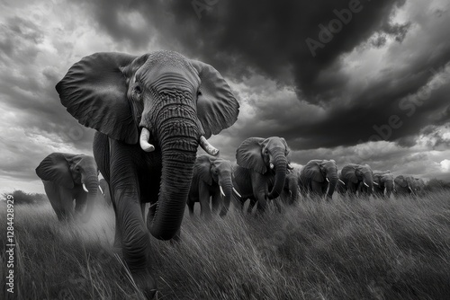 Herd of Elephants Charging Across Grassland Under Stormy Sky