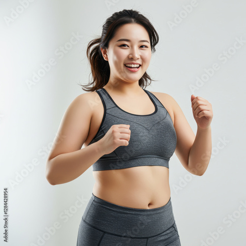 スポーツウェアでランニングするぽっちゃりした若い女性
