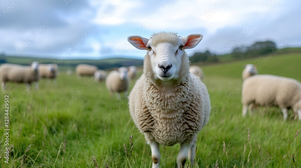 Fototapeta premium A charming sheep standing proudly in a lush green pasture surrounded by fellow sheep : Generative AI