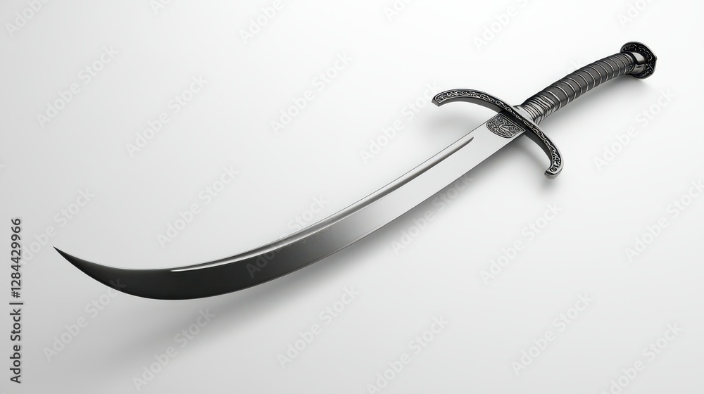 Ornate curved sword with intricate guard on white background Ornate curved sword with intricate guard on white background
