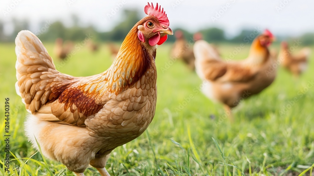 Fototapeta premium Freerange chicken standing in a lush green field with other chickens in the background : Generative AI