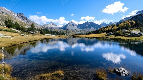 Breathtaking landscape of mountains mirrored in a peaceful lake under a bright blue sky : Generative AI