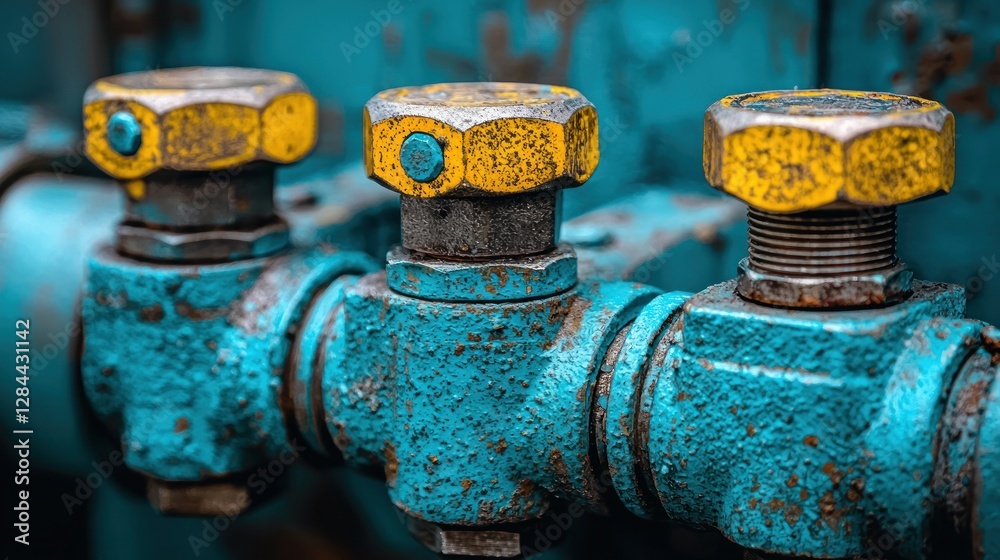 Closeup of rusty, teal-colored industrial plumbing fittings with yellow caps Closeup of rusty, teal-colored industrial plumbing fittings with yellow caps