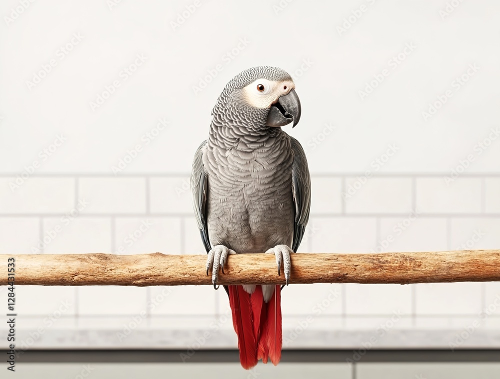 Obraz premium Realistic African Grey parrot sitting on a branch, isolated against a white background.