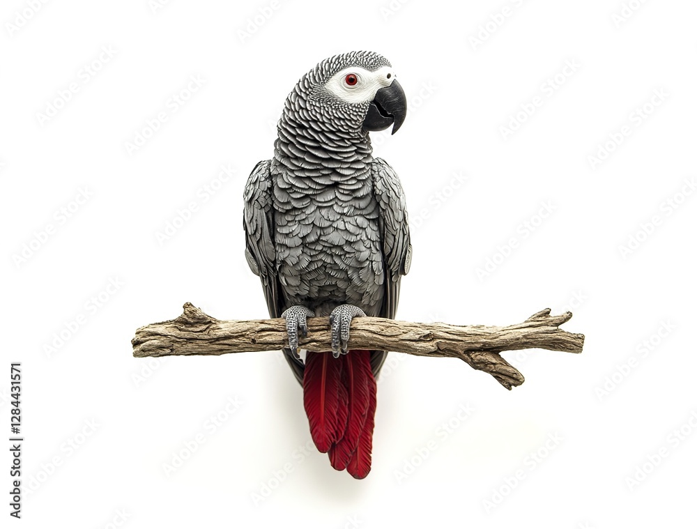 Fototapeta premium Realistic African Grey parrot sitting on a branch, isolated against a white background.