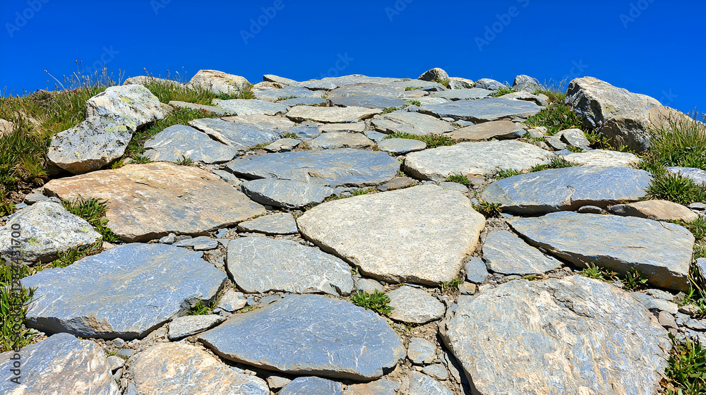 Mountain stone path leading upwards, clear sky. Hiking trail, nature backdrop Mountain stone path leading upwards, clear sky. Hiking trail, nature backdrop