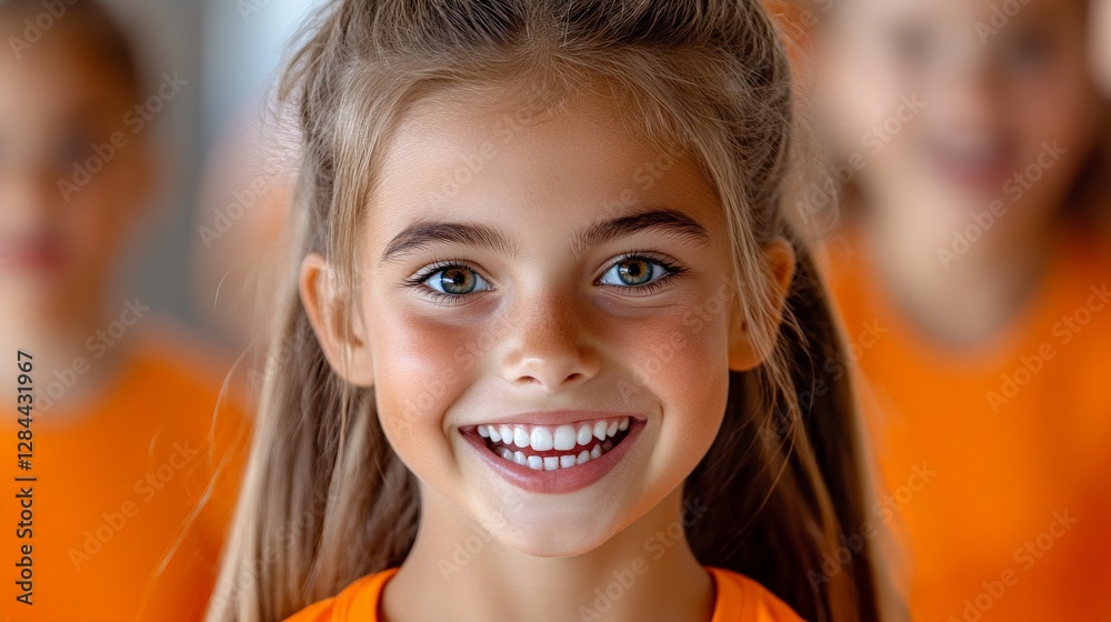 Smiling Girl with Brown Hair Wearing Bright Orange Shirt in Portrait Smiling Girl with Brown Hair Wearing Bright Orange Shirt in Portrait