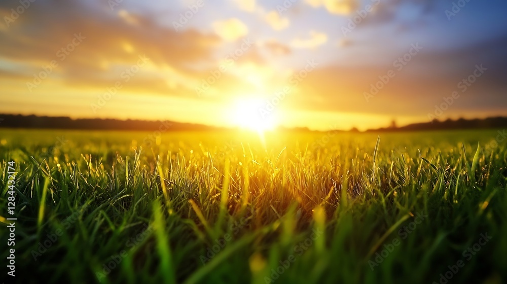Fototapeta premium Golden sunlight illuminating a lush green field at sunset creating a picturesque landscape : Generative AI