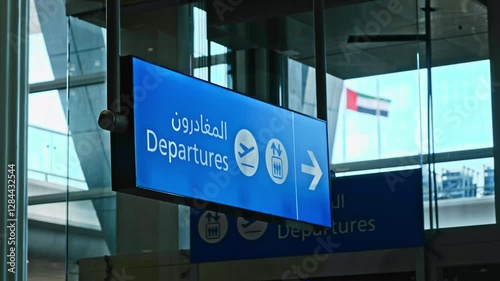 A blue departures information board with arrow and flight signs. Direction sign in Arabic. Dubai airport UAE flag on background
