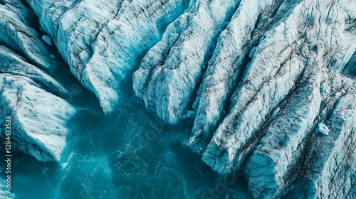 Wallpaper Mural Aerial view of glacier cracks and ice formations with water flowing between, showcasing the stunning textures of frozen landscapes in remote polar regions. Torontodigital.ca