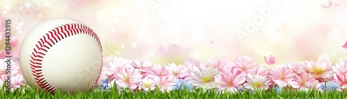 Baseball on spring flowers, peaceful scene, background use