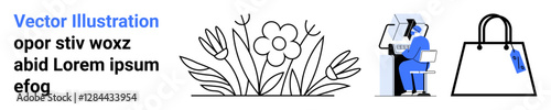 Hand-drawn flower arrangement, individual working on computer, stylish handbag. Ideal for technology, e-commerce, nature, shopping, productivity education and modern lifestyle. Flat landing page