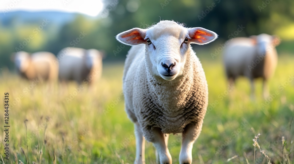 Curious sheep looking at the camera in a beautiful green field highlighting farm life : Generative AI Curious sheep looking at the camera in a beautiful green field highlighting farm life : Generative AI