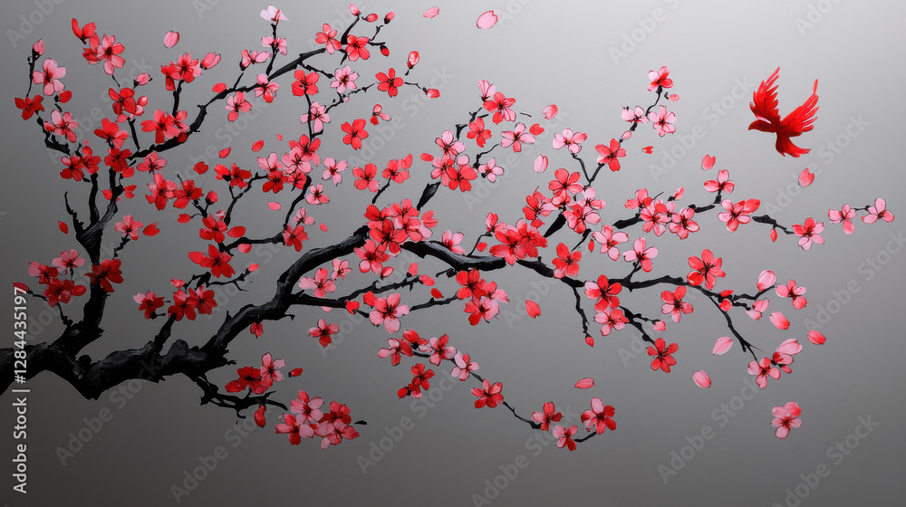 Traditional cherry blossoms with red bird flying Traditional cherry blossoms with red bird flying