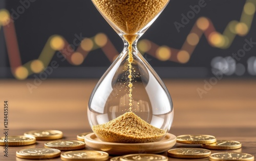  An hourglass filled with sand above and gold coins below, symbolizing the relationship between time and money, and the concept of time as a valuable resource in financial growth.
