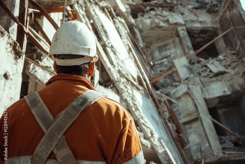 Fototapet A construction worker looking at a partially built, collapsing structure