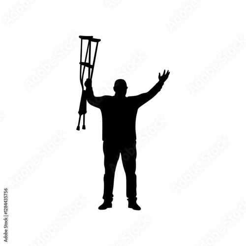 Vector silhouette of a boy standing with crutches. Isolated black silhouette on white background.