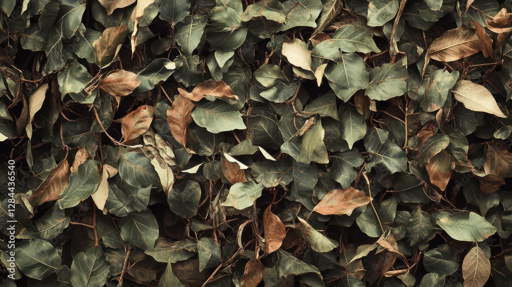 Dense foliage with green and brown leaves in natural setting