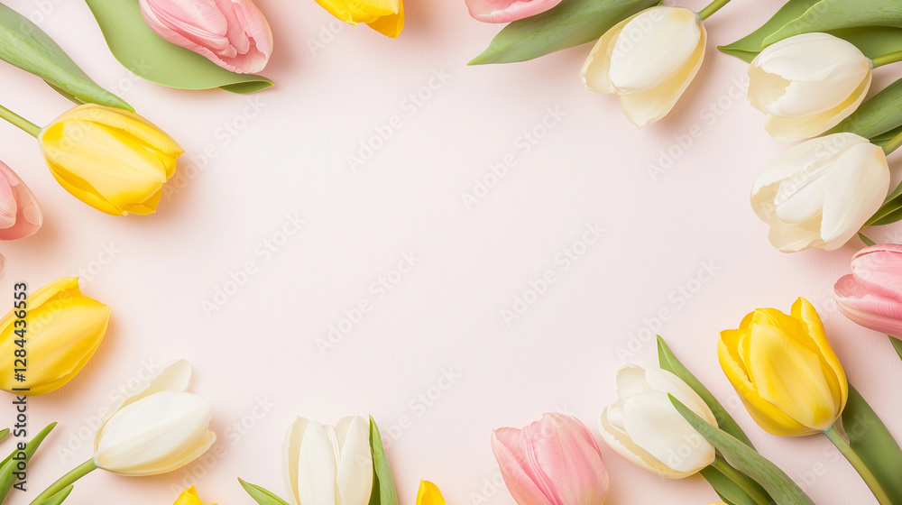 Vibrant tulip bouquet with empty frame for customizable greetings