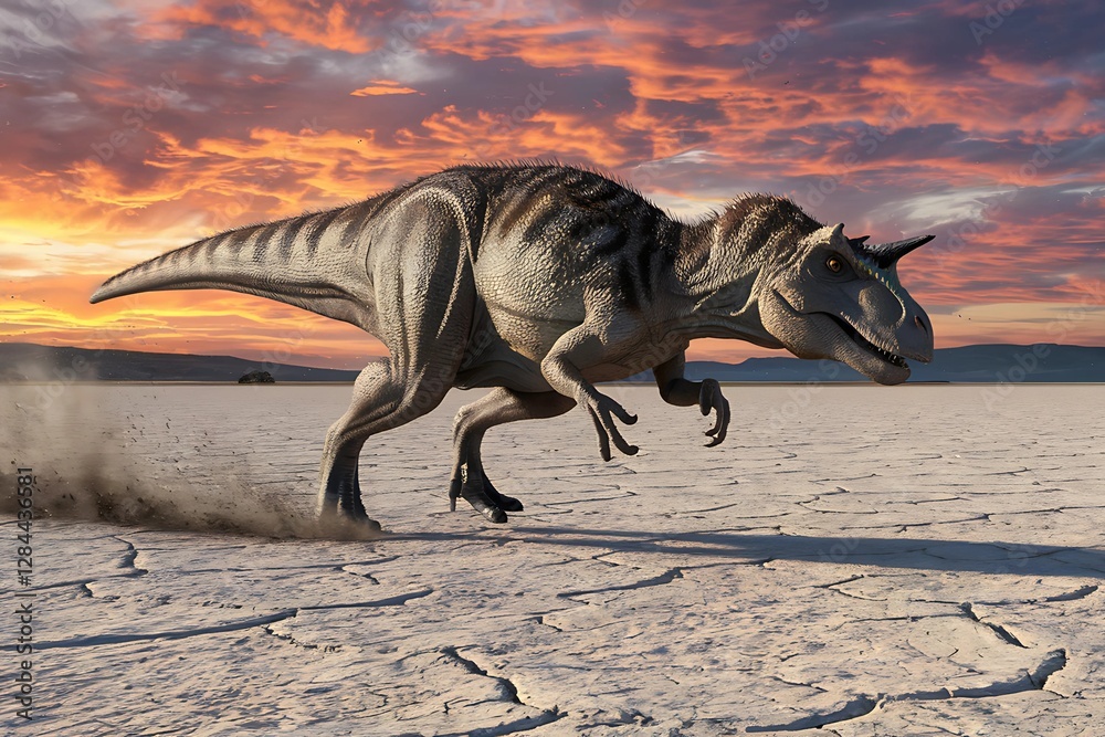 Fototapeta premium Carnotaurus sprinting across a dry and cracked plain with the dust kicking up behind it 