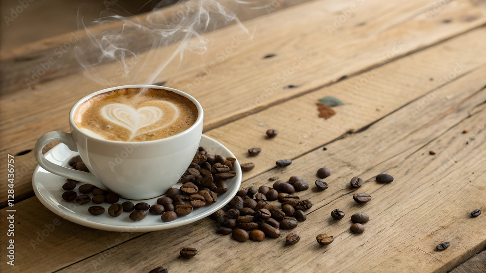 Obraz premium Coffee cup with heart shape latte art and coffee beans on old wood background with copy space