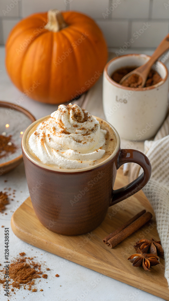 Pumpkin spiced latte garnished with whipped cream and sprinkled with cinnamon with room for text Pumpkin spiced latte garnished with whipped cream and sprinkled with cinnamon with room for text