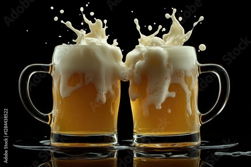 Two beer mugs clinking with splashing foam against black background photo