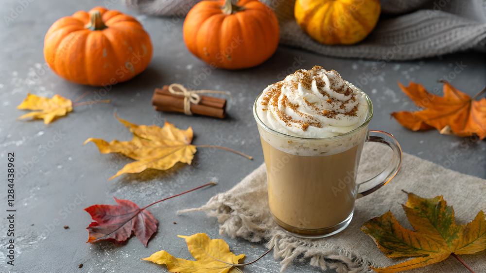A cup of pumpkin spice latte with whipped cream and cinnamon on a gray background with fall decor. A cup of pumpkin spice latte with whipped cream and cinnamon on a gray background with fall decor.