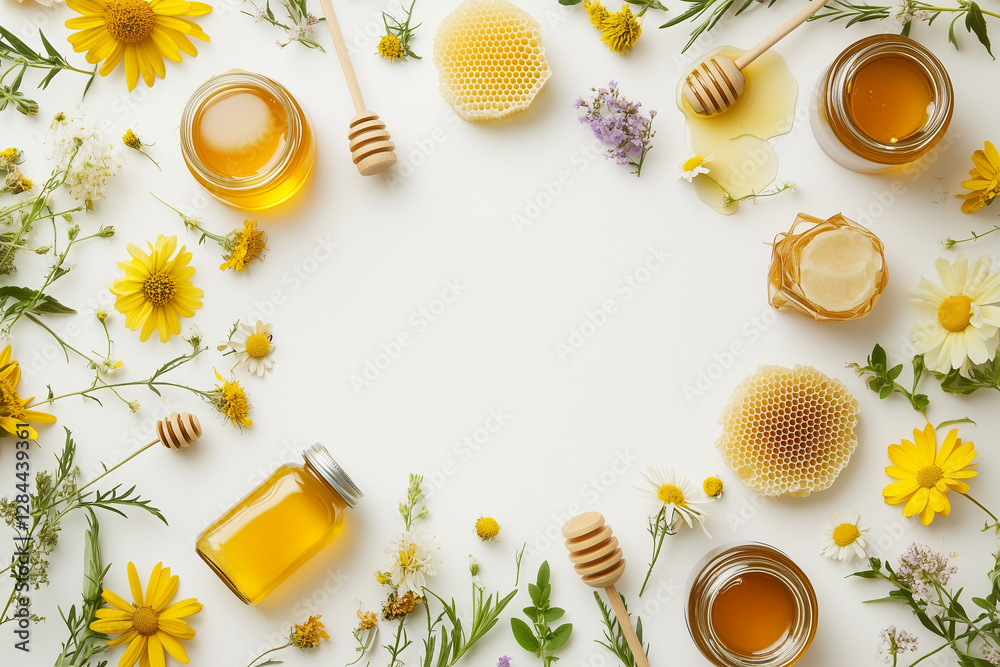 Rustic Honeycomb and Floral Flat Lay with Jars of Honey