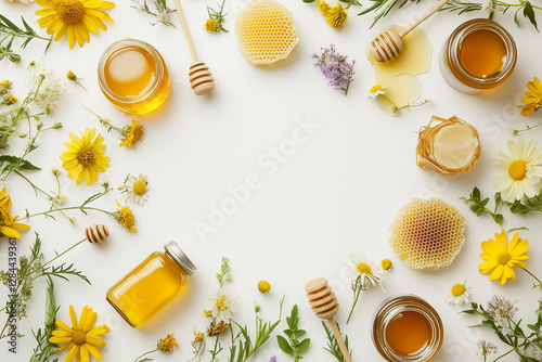 Obraz na płótnie Rustic Honeycomb and Floral Flat Lay with Jars of Honey w salonie