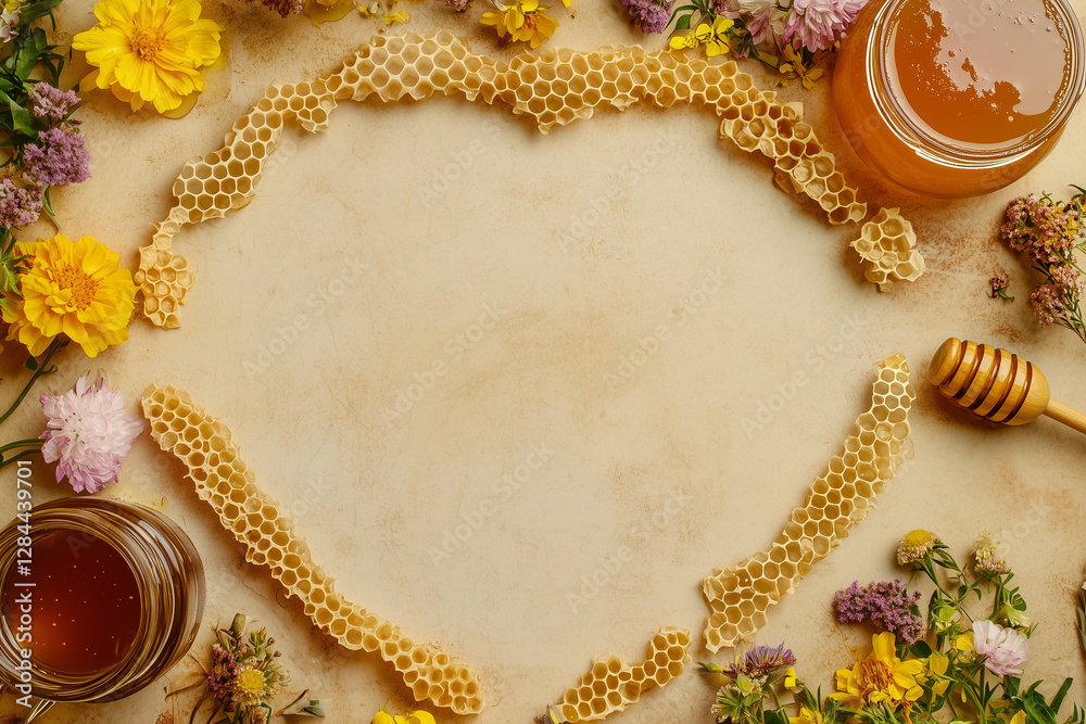 Rustic Honeycomb and Floral Flat Lay with Jars of Honey