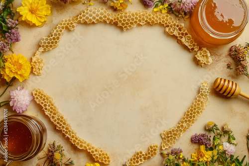 Obraz na płótnie Rustic Honeycomb and Floral Flat Lay with Jars of Honey w salonie