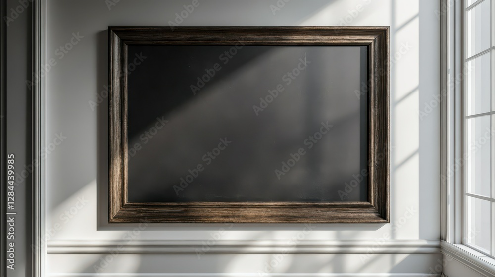 Empty black frame on wall with sunlit shadows in classic room Empty black frame on wall with sunlit shadows in classic room