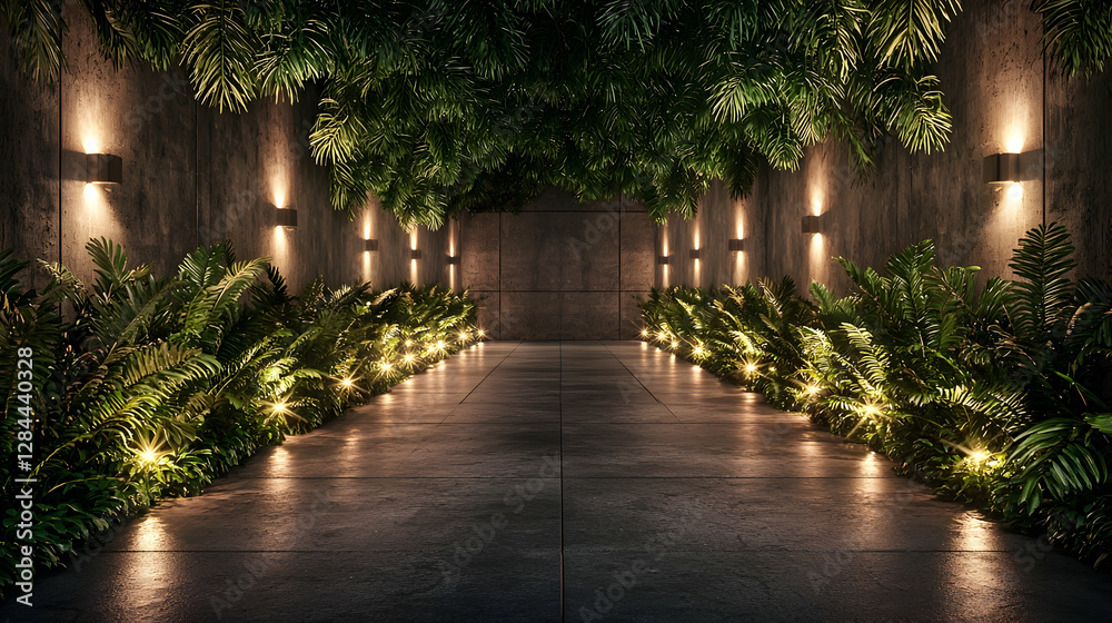 Fototapeta premium Nighttime garden path, concrete walls, tropical plants, ambient lighting, event backdrop