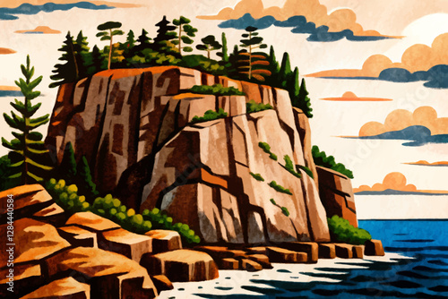 rocky cliff and sea landscape cartoon illustration