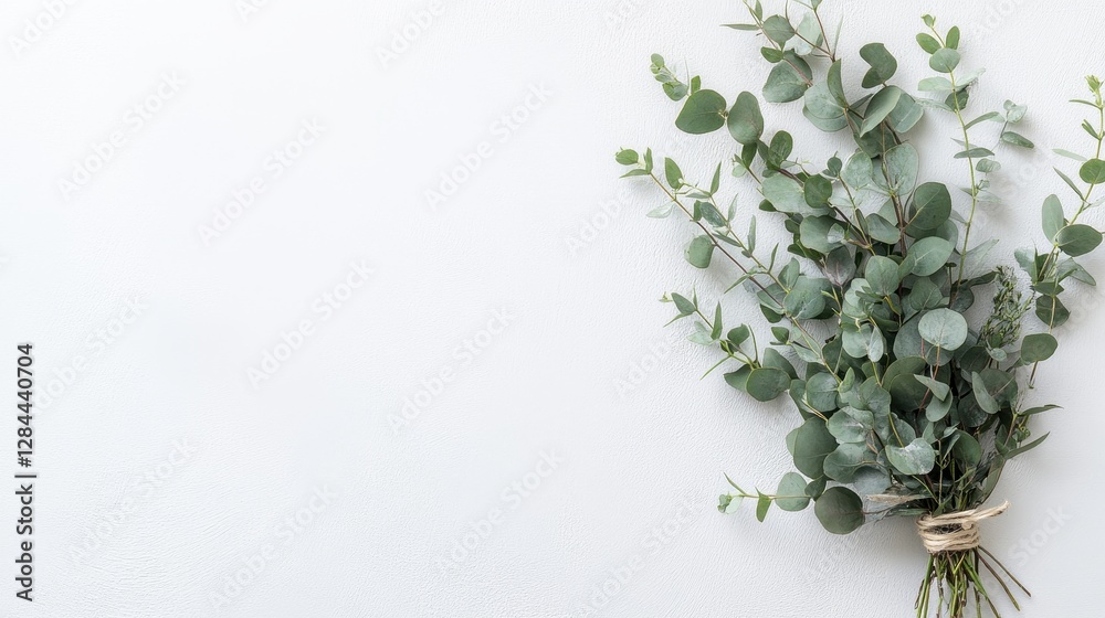 A fresh eucalyptus bouquet tied with twine against a soft white background, adding a touch of nature indoors. A fresh eucalyptus bouquet tied with twine against a soft white background, adding a touch of nature indoors.