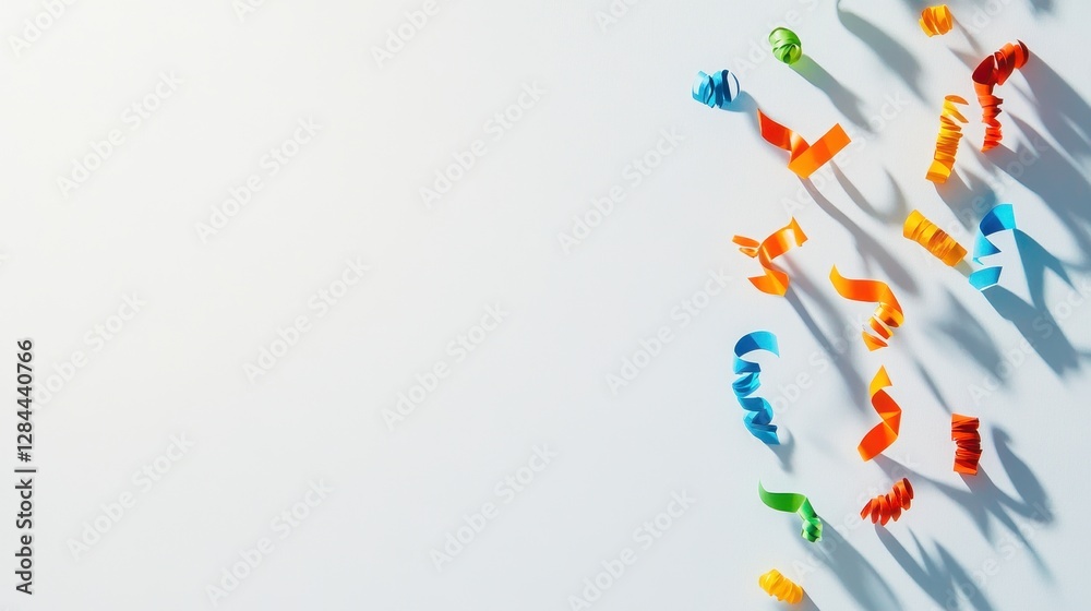 Fototapeta premium Colorful streamers in vibrant shades of orange, green, blue, and yellow cast playful shadows on a clean backdrop.