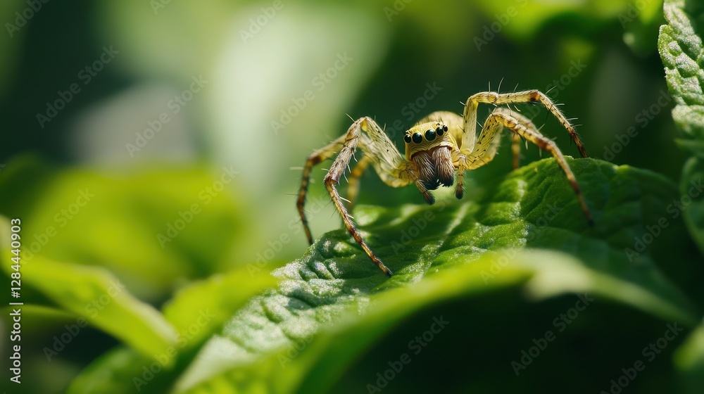A close-up of a vibrant yellow spider perched on green leaves, showcasing its intricate details and natural habitat. A close-up of a vibrant yellow spider perched on green leaves, showcasing its intricate details and natural habitat.