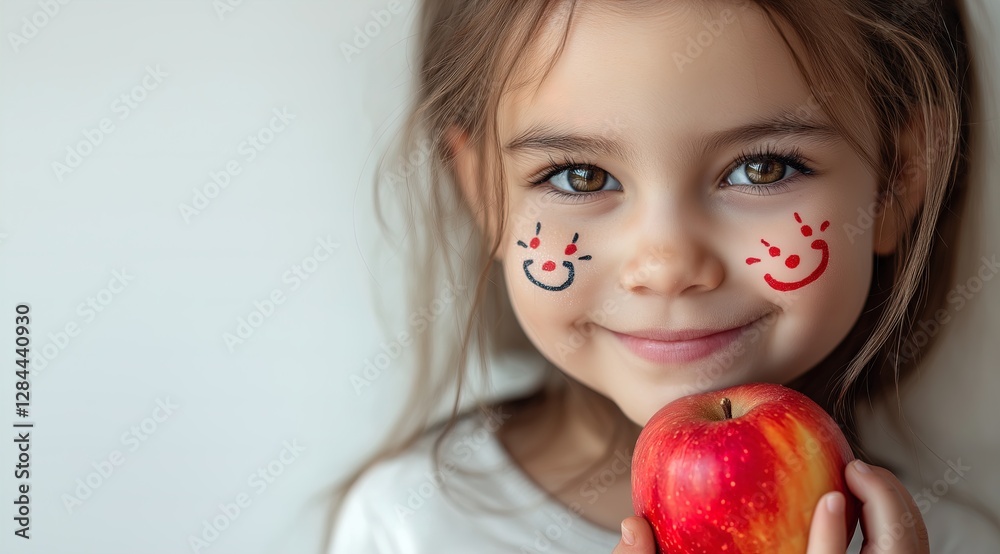 Little girl with joyful painted face holds red apple while smiling Little girl with joyful painted face holds red apple while smiling