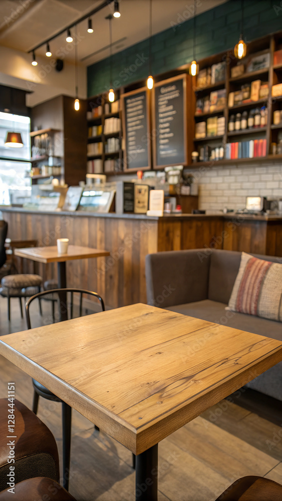 Choose a blank wooden table with a coffee shop backdrop for your photo editing or product showcasing Choose a blank wooden table with a coffee shop backdrop for your photo editing or product showcasing