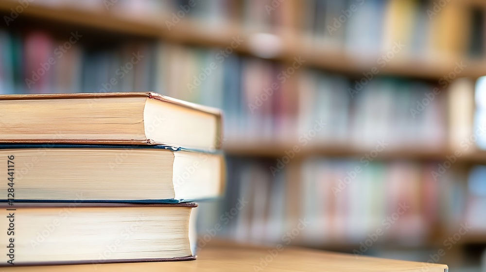 Stack of Three Books on a Table with a Blurred Library Background : Generative AI Stack of Three Books on a Table with a Blurred Library Background : Generative AI