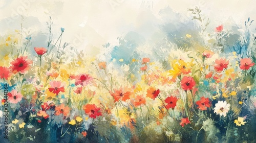 A vibrant watercolor painting of a flower field bursting with colors, showcasing a variety of blooms in full bloom.