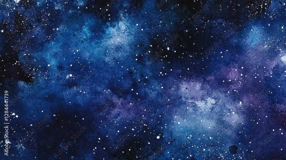 Obraz premium A stunning deep space watercolor illustration showcasing a vibrant blend of blue, purple, and white hues.