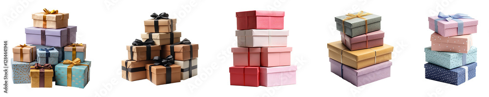 Obraz premium Set, Group of Stack of gift boxes Isolated on Transparent Background&nbsp;PNG&nbsp;Image.