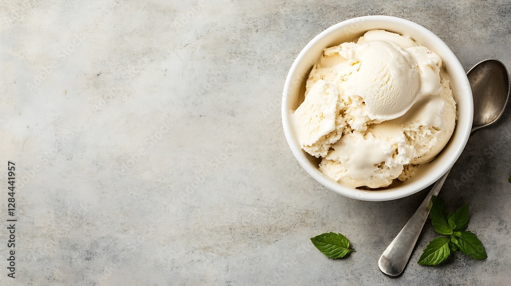 Delicious creamy vanilla ice cream served in a white bowl on a textured background with fresh mint leaves : Generative AI
