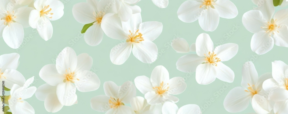 White jasmine blossoms on soft green background with delicate petals and yellow centers White jasmine blossoms on soft green background with delicate petals and yellow centers