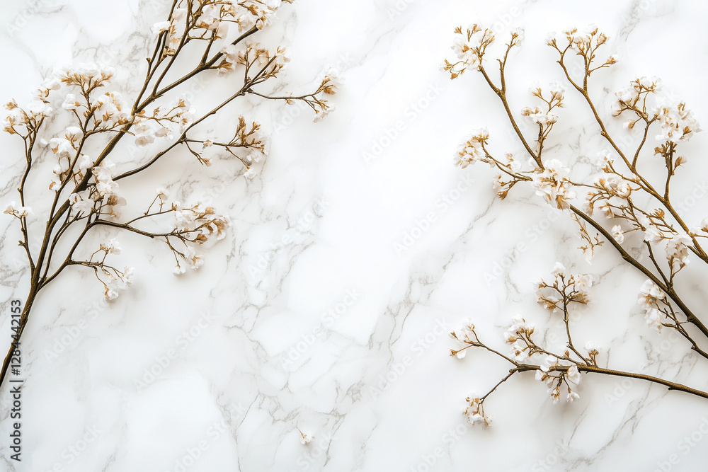 Elegant White Marble Background with Dried Flowers