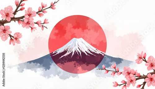 Stylized Japanese flag with Mount Fuji and cherry blossoms, cultural homage