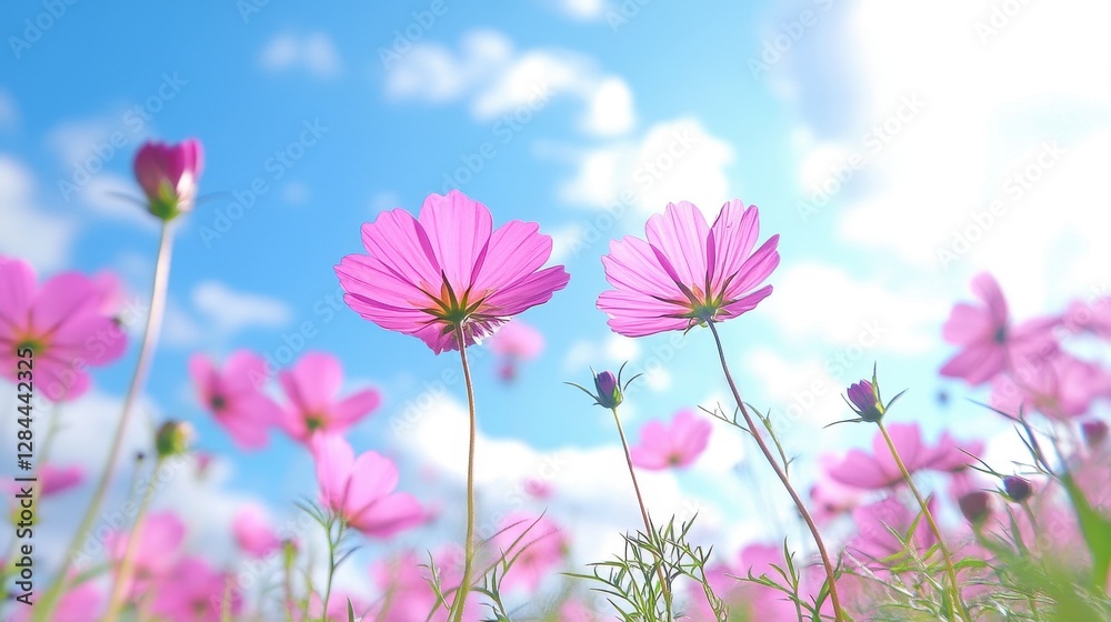 A field of vibrant pink cosmos flowers against a bright blue sky with soft clouds. A field of vibrant pink cosmos flowers against a bright blue sky with soft clouds.
