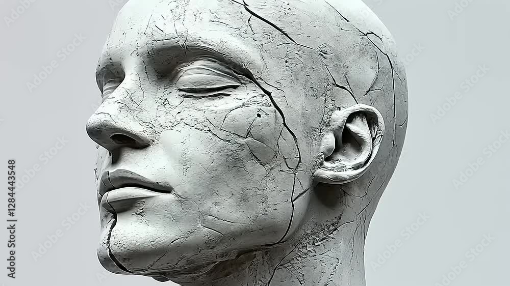 A sculpted head with cracks, evoking themes of vulnerability and resilience.